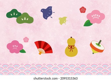 A set of Japanese lucky charms. Vector illustration that can be rearranged. Pink watercolor background.