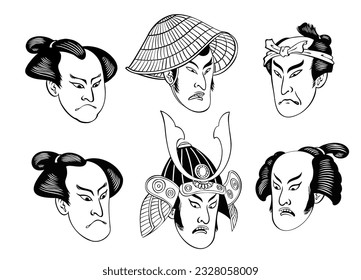 Set of Japanese Man Head in Edo Period Drawing Style