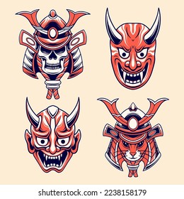Conjunto de ilustraciones de diseño vectorial oni con máscara japonesa