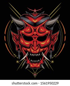 A set of Japanese masks of kabuki. kabuki illustration. red devil face illustration. vector head of red demon. japanese demon mask and monster.
