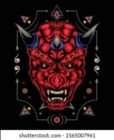 A set of Japanese masks of kabuki. kabuki illustration. red devil face illustration. vector head of red demon. japanese demon mask and monster