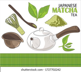 Set of Japanese matcha powder, wooden spoon and whisk, green tea and latter cup, sketch vector illustration isolated on white background. Realistic hand drawing of matcha green tea 