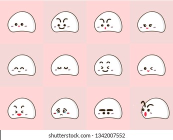 Set of Japanese moji or mochi with cute style different faces expression such as happy, sad, curious. For use with dessert menu, restaurant decoration