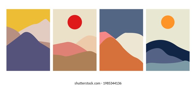 Set of japanese mountain abstract vector, boho contemporary sun for wall art, decoration, modern texture, colorful vintage style. Nature abstract geometric for brochure, wall art, post card. Isolated