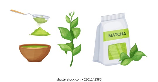 Set Of Japanese National Traditional Tea Ceremony Products. Green Fresh Leaves Of Matcha Plant, Dried Powder Packaging And Bowl Of Aroma Drink. Organic Vegetarian Food For Healthy Diet Cartoon Vector