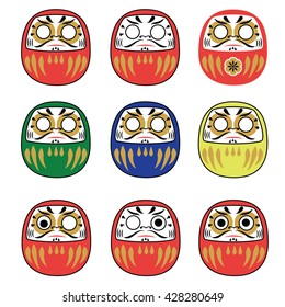 Set of japanese new year daruma dolls. Traditional daruma dolls in different colors collection. Vector illustration