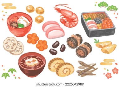 Set of Japanese new year traditional dishes. Watercolor. Vector illustration.