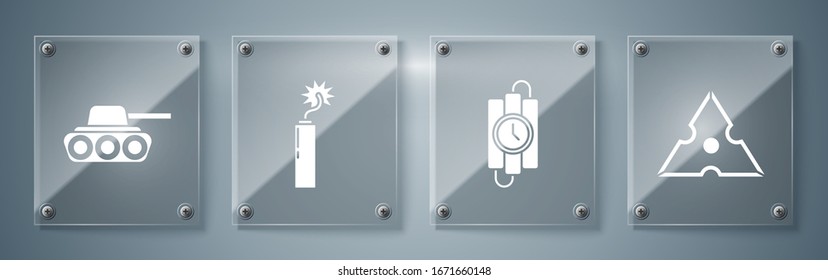Setzen Sie japanische Ninja-Shuriken, Dynamite-Stick und Timer-Uhr, Dynamite-Bombe-Stick-Uhr und Military-Tank. Viereckige Glasplatten. Vektorillustration