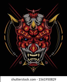 Set of japanese oni demon masks vector illustration. kabuki illustration. red devil face illustration. vector head of red demon. japanese demon mask