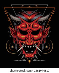 Set of japanese oni demon masks vector illustration.kabuki illustration. red devil face illustration. vector head of red demon. japanese demon mask