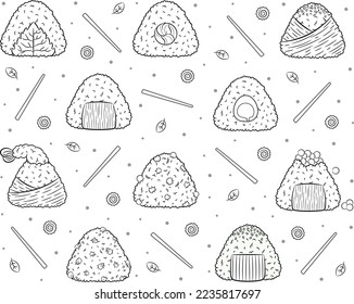 conjunto de croquis del arroz Onigiri japonés lindo dibujo pegatinas para colorear