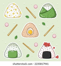 conjunto de stickers de dibujos adorables de arroz Onigiri japoneses