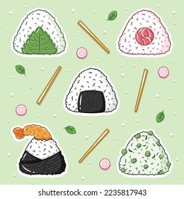 conjunto de stickers de dibujos adorables de arroz Onigiri japoneses