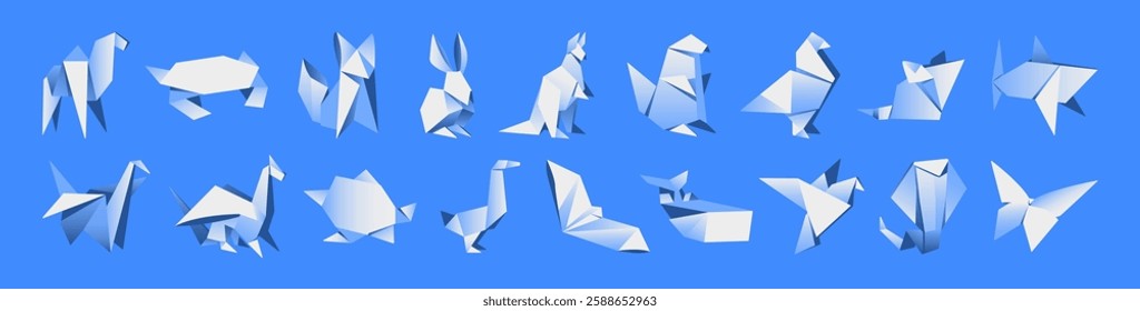 Set of Japanese origami. Creative crafts with folded paper. Different handmade animal shapes. Handcraft figures of crane, birds, dragon, fox, kangaroo, snake. Flat isolated vector illustrations