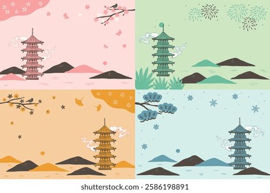 Set of japanese pagoda with beautiful seasonal landscape background illustration.	