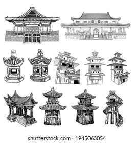 Set of Japanese pagoda, Chinese temple or Buddhist monastery and Tree house on stilts for living in jungles. Japan Toro street lamp lantern.  China religious architecture. Watch towers set. Vector.