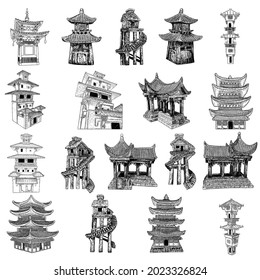 Set of Japanese pagodas, Chinese temple or Buddhist monastery and Tree house on stilts for living in jungles. China religious architecture. Watch towers set, Eastern Han Dynasty. Vector.