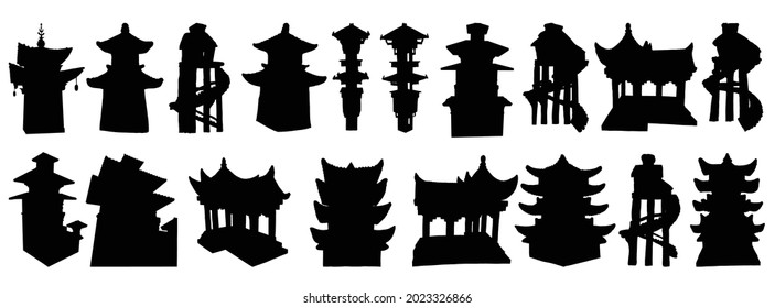 Set of Japanese pagodas, Chinese temple or Buddhist monastery and Tree house on stilts for living in jungles. China religious architecture. Watch towers set, Eastern Han Dynasty. Vector.