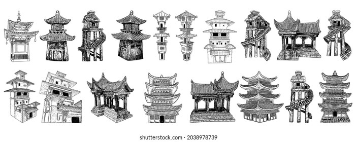 Set of Japanese pagodas, Chinese temple or Buddhist monastery and Tree house on stilts for living in jungles. China religious architecture. Watch towers set, Eastern Han Dynasty. Vector.