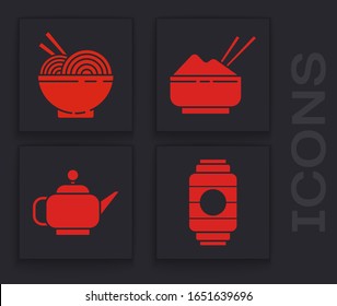 Set Japanese paper lantern, Asian noodles in bowl and chopsticks, Rice in a bowl with chopstick and Japanese tea ceremony icon. Vector