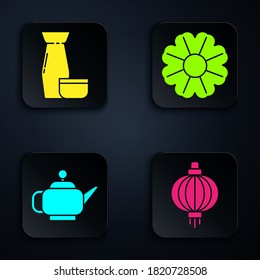 Set Japanese paper lantern, Traditional Japanese tea ceremony, Japanese tea ceremony and Flower. Black square button. Vector