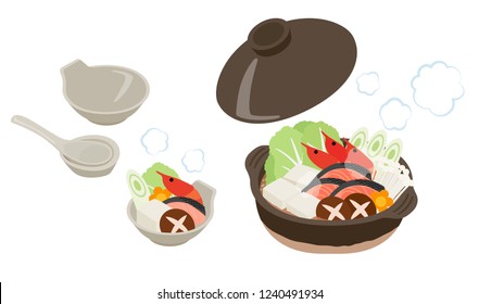 set of japanese pot dishes illustration (Shrimp, salmon, vegetable)