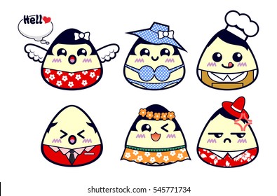 set of Japanese rice ball or Onigiri emotion face vector