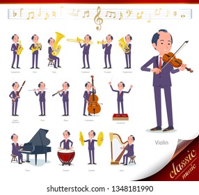 A set of japanese samurai businessman on classical music performances.There are actions to play various instruments such as string instruments and wind instruments.It's vector so it's easy to edit.
