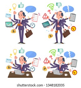 A set of japanese samurai businessman who perform multitasking in the office.There are things to do smoothly and a pattern that is in a panic.It's vector art so it's easy to edit.
