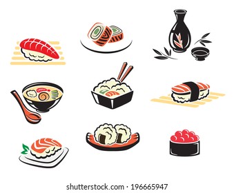 Set of Japanese seafood icons with fish, sushi, sashimi, seafood, soup, rice with prawns, caviar, and fish fillet, isolated on white