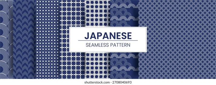 Conjunto de padrão sem emenda japonês Coleção com design Loopable azul e branco para papel de embrulho, têxtil, fundo, banner, ilustração vetorial.