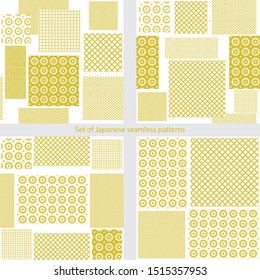 Set of Japanese seamless patterns. Gold patterns of geometric shapes for printing on Wallpaper, packaging, textiles, kimono.