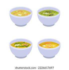 Set of Japanese soups. Bowls of miso soups isolated. Flat vector.