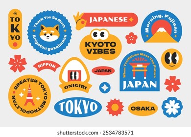 Set of japanese sticker. Colorful cute character. Japan vibes element collection ready to print. Romaji letter translation: Thank You