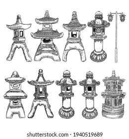 Set of Japanese street lamp. Traditional Asian lantern. Garden stone lamp. Ancient Buddhist Toro light decoration replicating pagoda. Light basket or tower for garden ornaments in Japan. Vector.