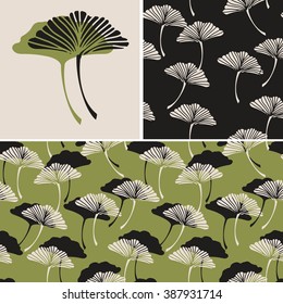 a set of japanese style ginkgo biloba leaves seamless tiles, and their isolated pattern in a vintage black and green color palette