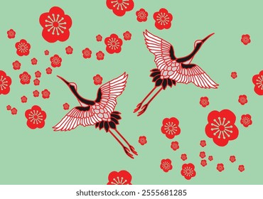 A set of Japanese style patterns, with oriental cherry blossoms, cranes, Vector illustration.