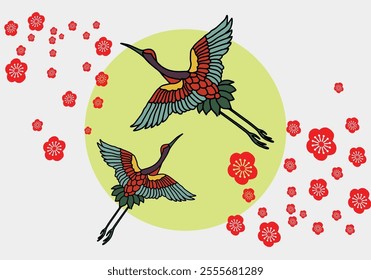 A set of Japanese style patterns, with oriental cherry blossoms, cranes, Vector illustration.