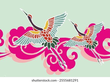 A set of Japanese style patterns, with oriental cherry blossoms, cranes, Vector illustration.