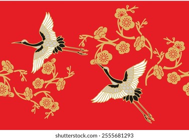 A set of Japanese style patterns, with oriental cherry blossoms, cranes, Vector illustration.