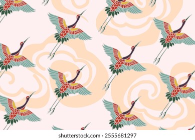 A set of Japanese style patterns, with oriental cherry blossoms, cranes, Vector illustration.