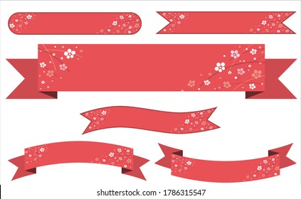 Set of Japanese style red banners decorated with plum blossoms drawn on a white background.Japanese Ume.