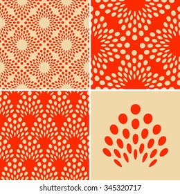 A set of japanese style seamless patterns, stylized cereals ears and flowers of seeds, in a poppy red palette.