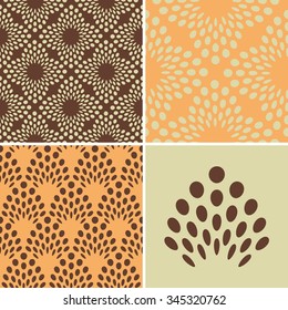 A set of japanese style seamless patterns, stylized cereals ears and flowers of seeds, in a corn color pattern.