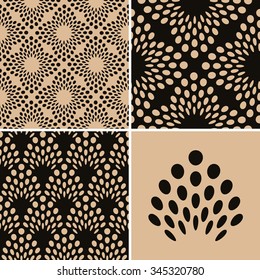 A set of japanese style seamless patterns, stylized cereals ears and flowers of seeds, in a cream and black color palette