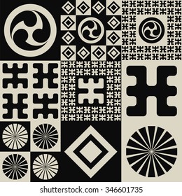 A set of japanese style seamless patterns, tribal and geometrical symbols, in a black and grey palette 