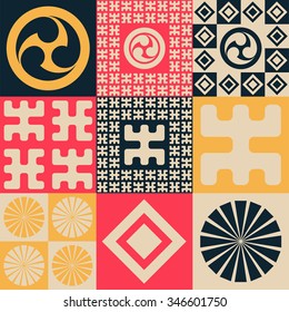 A set of japanese style seamless patterns, tribal and geometrical symbols, in a vintage yellow and red palette 