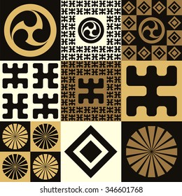 A set of japanese style seamless patterns, tribal and geometrical symbols, in a black and gold palette 