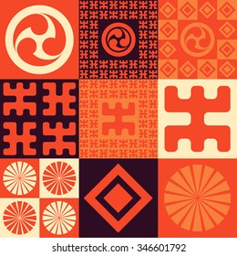A set of japanese style seamless patterns, tribal and geometrical symbols, in a black and orange palette 