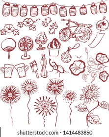 Set of Japanese summer icons. hand drawn illustrations.